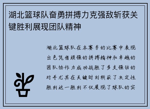 湖北篮球队奋勇拼搏力克强敌斩获关键胜利展现团队精神